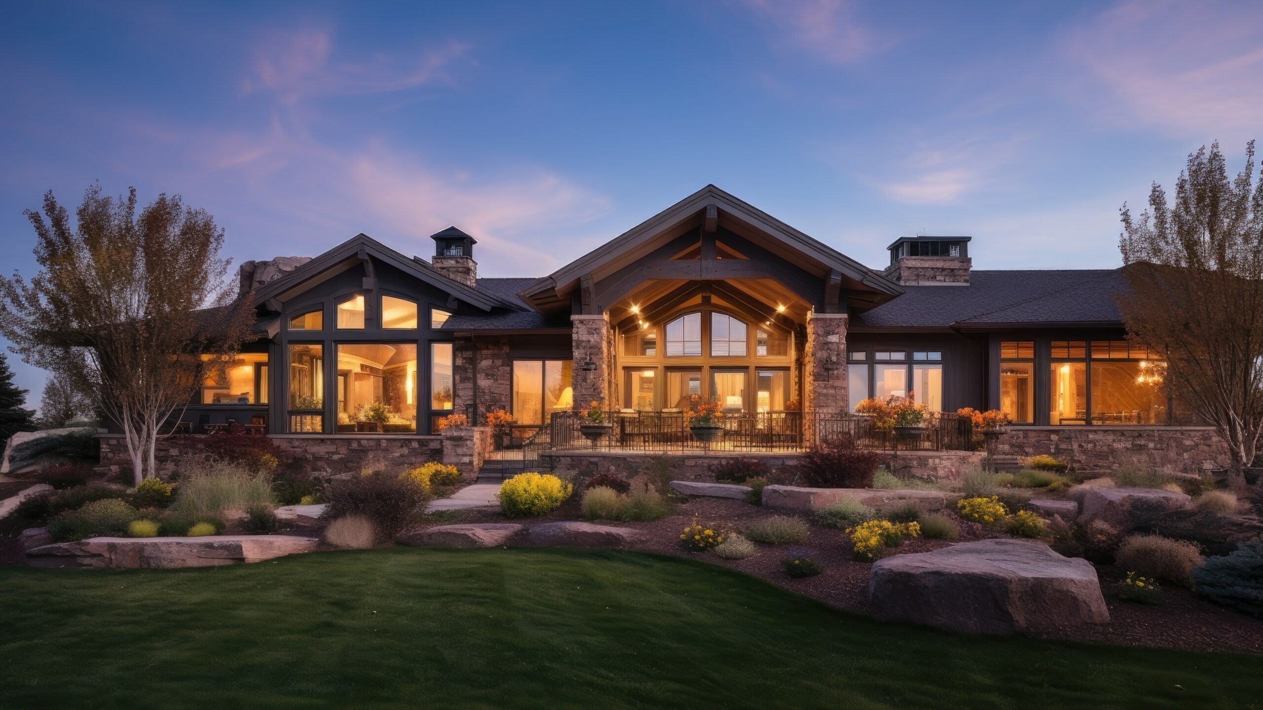 Ranch-style home exterior illuminated by lights