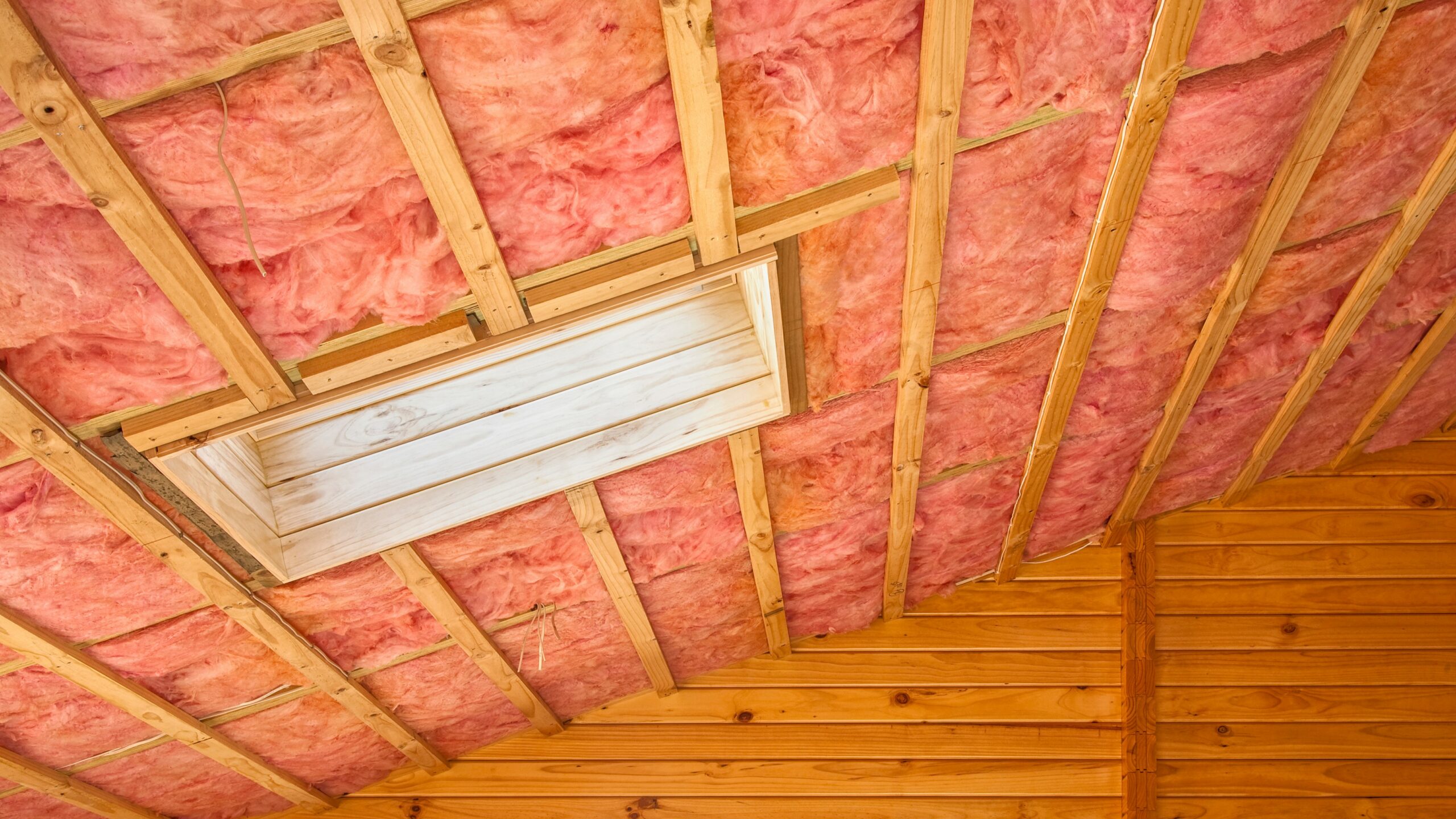 Fiberglass insulation in roof trusses.